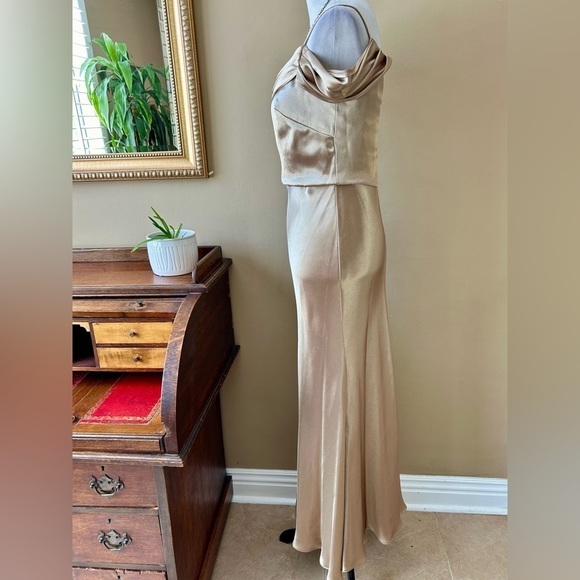 Jenny Yoo Serena Gold Satin Off Shoulder Gown Maxi Dress Bridesmaid Cowl Neck 8 - Picture 9 of 16